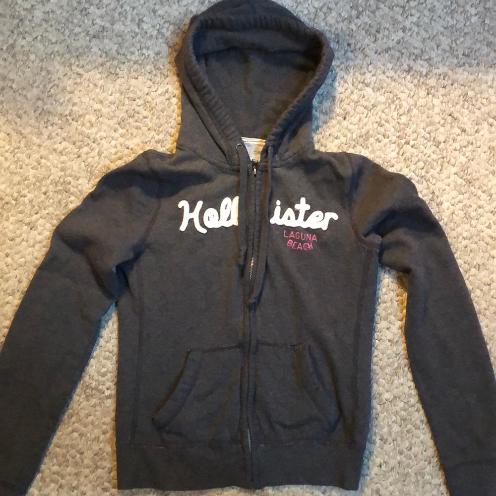 Hollister gray white and pink hooded sweat jacket.
